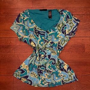 Y2K Paisley Print Ruffle Blue Blouse